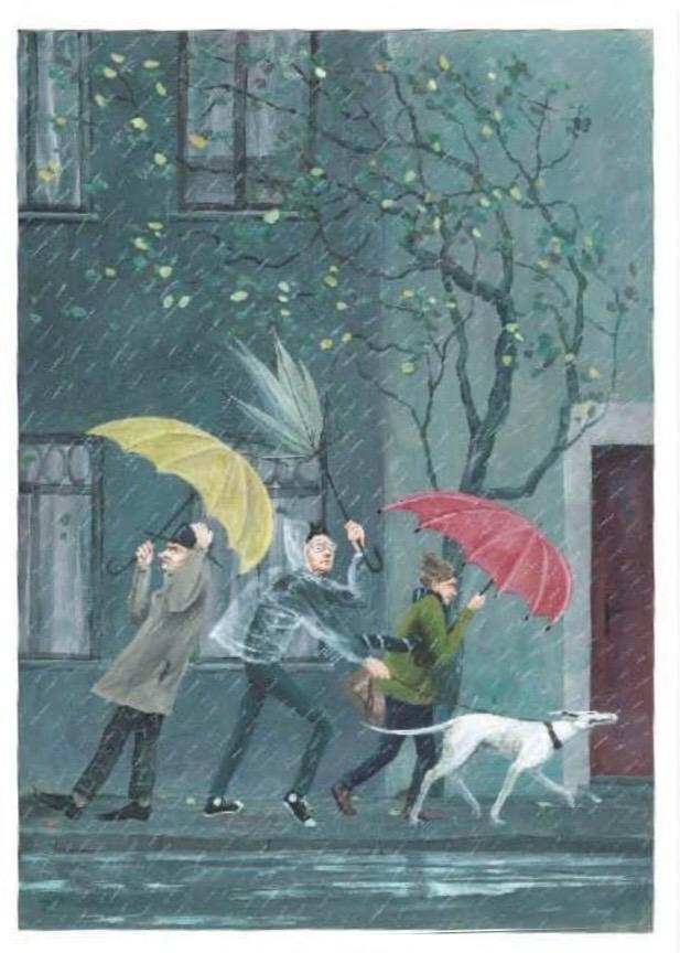Illustration Regen by Stien van Kerckhoven showing three people and a white dog walking in heavy rain with colorful umbrellas — a charming, high-quality digital art print full of motion, humor, and cozy atmosphere, perfect wall art for lovers of whimsical everyday scenes.