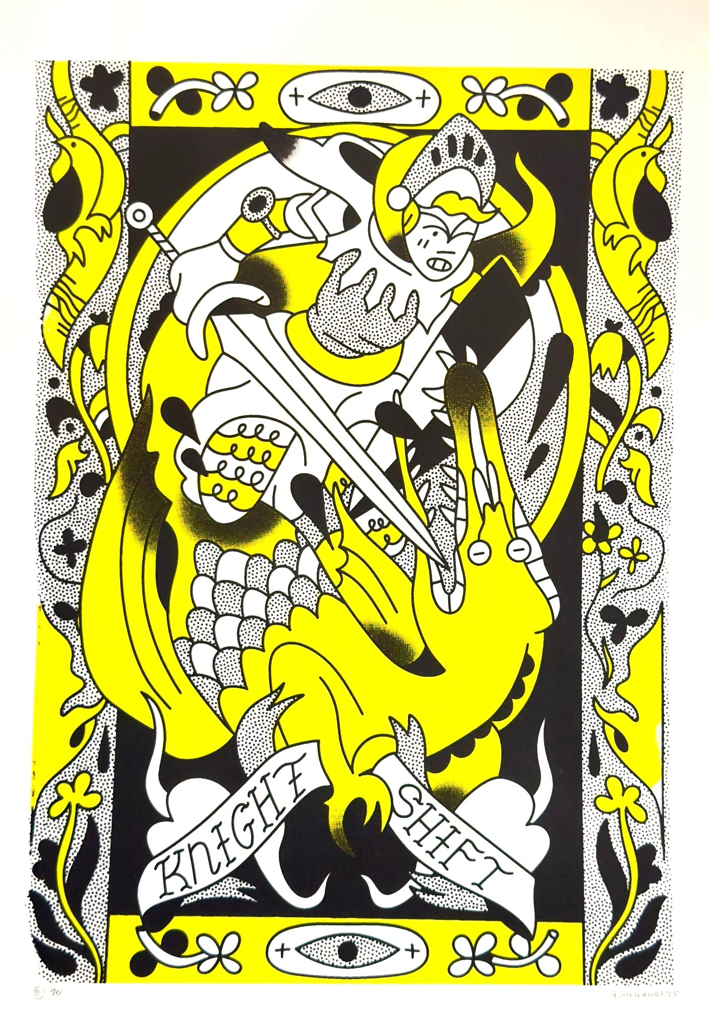 Vibrant A3 screen print Knight Shift by Auwnanas featuring a playful knight battling a stylized dragon in bold yellow and black tones, surrounded by decorative medieval-inspired patterns. Limited edition artwork with strong graphic lines, ideal for modern art collectors in Belgium, the Netherlands, France, and Germany.