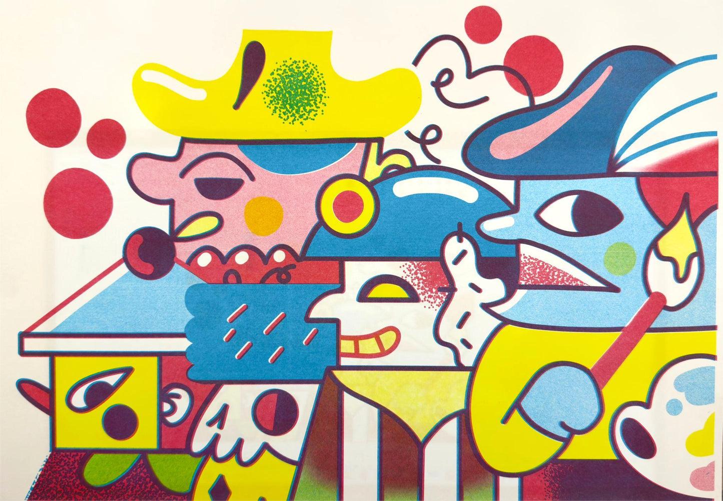 Vibrant A3 risograph print “Plaza Parade” by Auwnanas featuring bold geometric shapes, colourful surreal characters and playful street-parade energy; limited edition modern art print made in Belgium, perfect for contemporary interiors and design lovers seeking bright, quirky wall art.