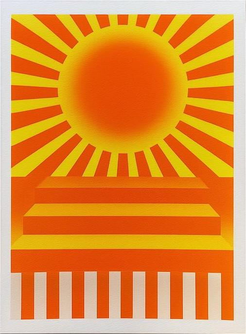 Yellow and red geometric risograph print by Dutch illustrator PTRVRKD – bold sunburst design with radiating rays, abstract stairs, and striped base, printed with eco-friendly soy inks on 250 gsm Biotop paper, handmade in the Netherlands – modern, colorful wall art full of energy.