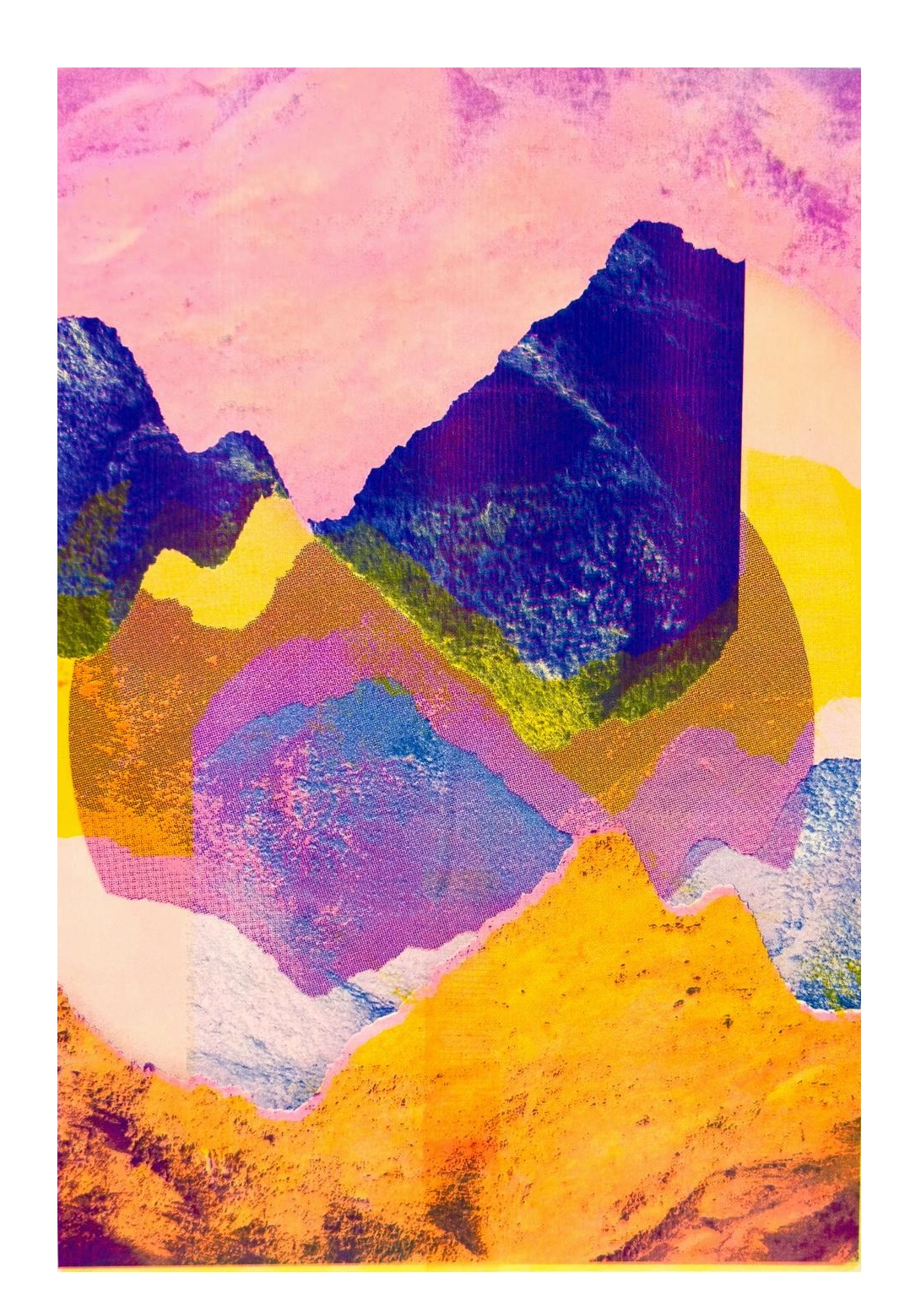 Vibrant abstract risograph art print by PTRVRKD featuring layered shapes, bold textures, and bright contemporary colors, ideal for modern home décor and collectors seeking limited-edition wall art.