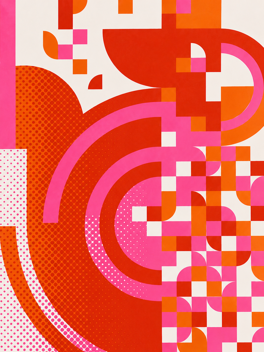 Pixel Drift 1 handmade geometric screenprint by PLUMO with bold orange, red, and pink abstract shapes, pixel-style patterns, and curved graphic elements on a soft neutral background.