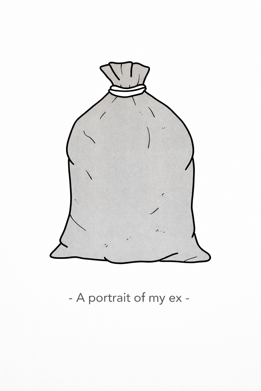 Humorous risograph print by Studio Stoutpoep showing a trash bag with the phrase “A portrait of my ex” in minimalist style – A3 art print made in Belgium, perfect for lovers of dark humor and witty illustration.