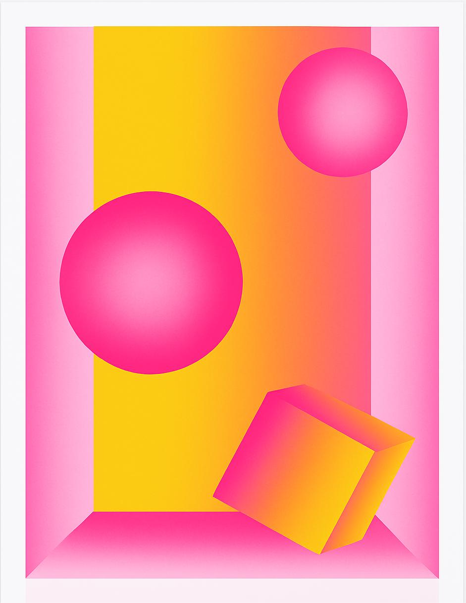 Neon pink and yellow geometric risograph print by Dutch illustrator PTRVRKD – abstract still life with floating spheres, tilted cube, and vibrant gradient design, printed with eco-friendly soy inks on 250 gsm Biotop paper, handmade in the Netherlands – bold modern wall art for color lovers.