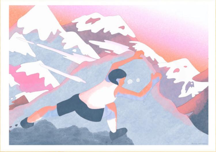 Colorful risograph print titled Via Ferrata by Jeanne Saboureault, depicting a female climber scaling stylized alpine peaks at sunset in soft pastel tones. Printed in France on Munken Print White paper, limited edition of 100, hand-signed and numbered.