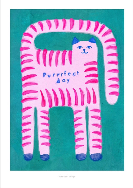 Playful pink striped cat with “Purrrfect day” text on teal background – Purrrfect day by Just Cool Design, A5 giclée print made in Spain.