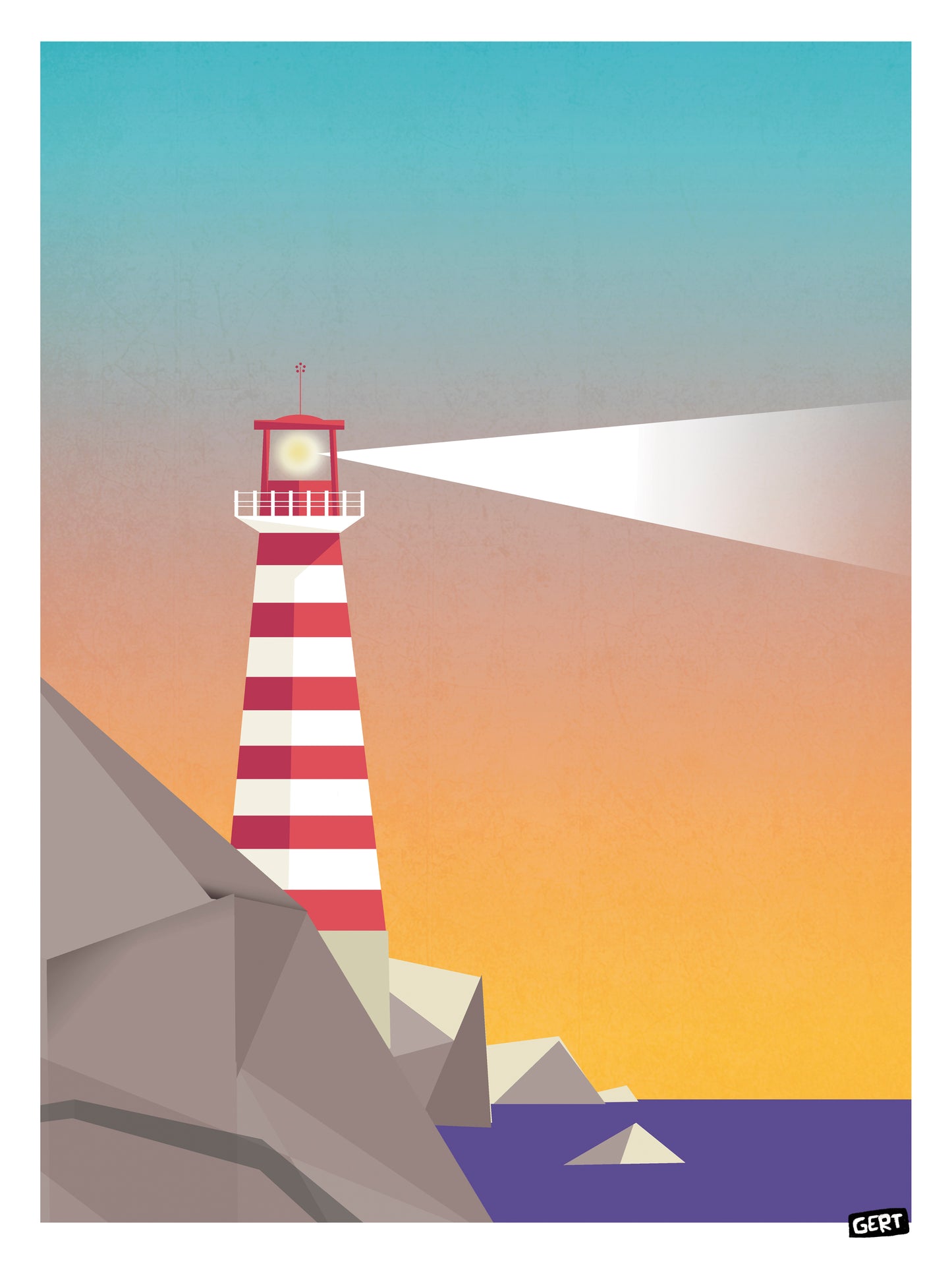 Lighthouse 1 by Gert Paenen digital art print featuring a red and white striped lighthouse on a rocky coastline at sunset, with a bright lighthouse beam, geometric landscape forms, minimalist coastal wall art for modern interiors.