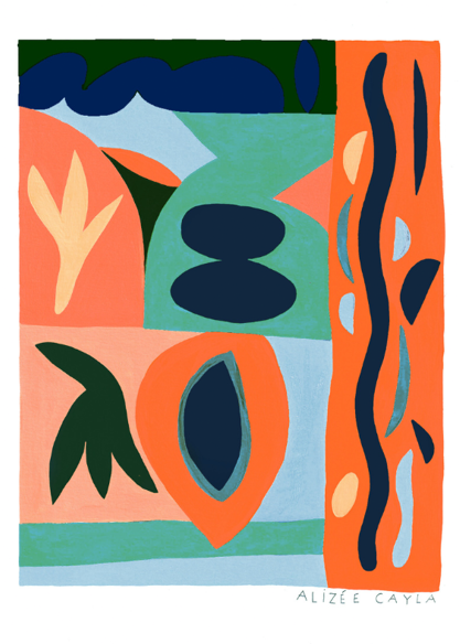 Le Manguier by Alizée Cayla, colourful abstract risograph art print featuring organic shapes in coral, navy blue, mint green, and peach tones, modern A3 wall art for contemporary interiors