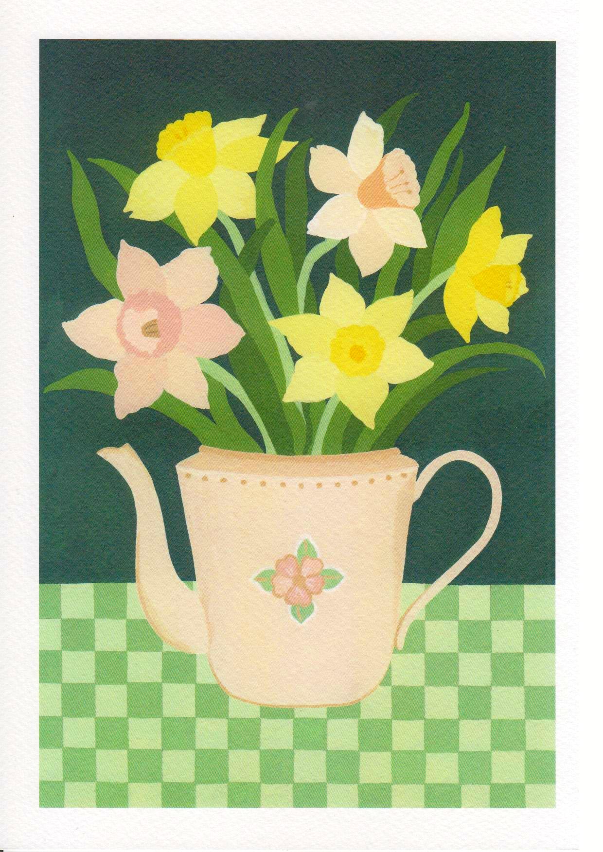 “Daffodils” by Belgian illustrator Leens – a botanical A4 digital print featuring a pastel floral teapot filled with yellow and pink daffodils, placed on a green checkered tablecloth with a dark green background.