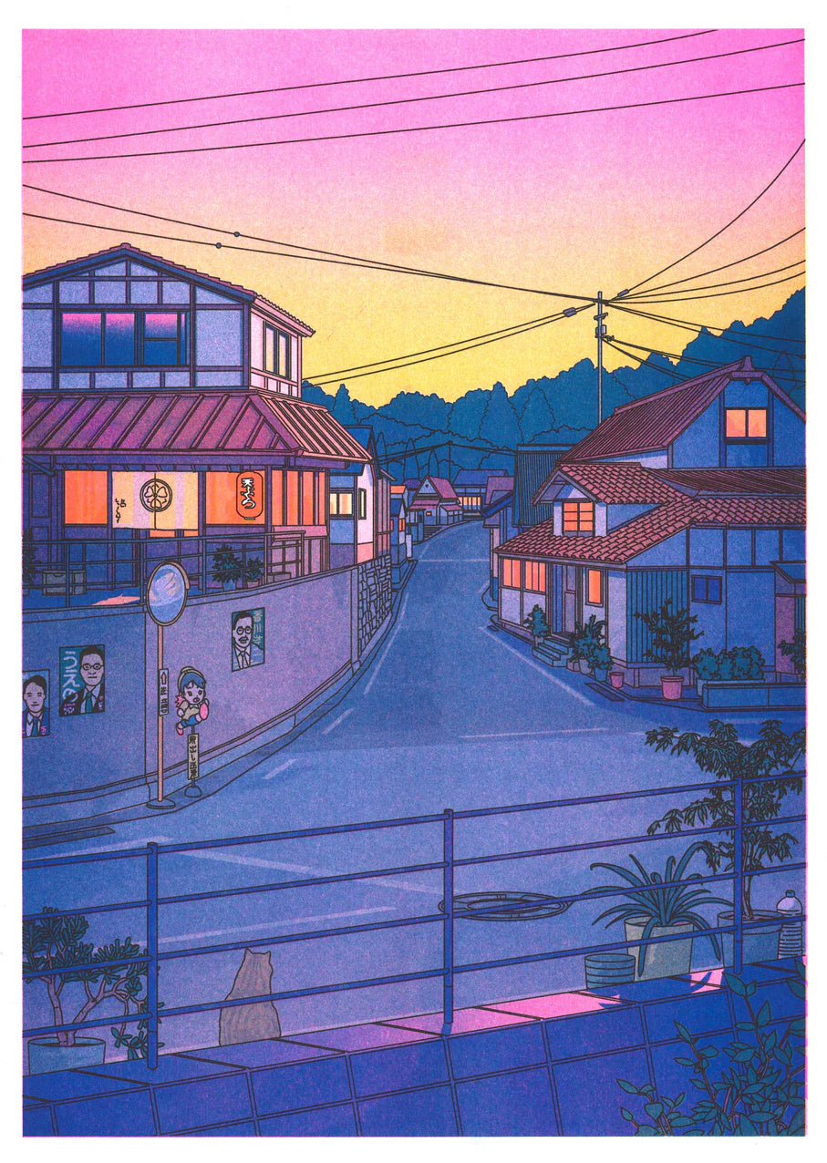 “Nowhere in Japan” risograph print by Liam Cobb – A3 art print showing a calm Japanese suburban street at sunset with pink, purple, and yellow hues, power lines above, and a cat in the foreground. Retro-inspired color palette, cinematic light, and detailed linework create a nostalgic and poetic atmosphere. Perfect for lovers of Japanese urban scenery and modern illustration.