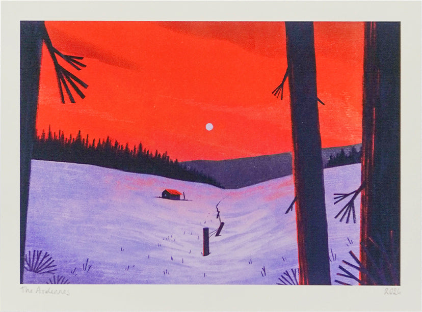 Illustration by Linde Raats of a red cabin in a snowy forest in the Belgian Ardennes, framed by dark tree silhouettes under a glowing red and violet sunset – 21x29.7 cm giclée print, perfect for winter-themed and landscape art lovers