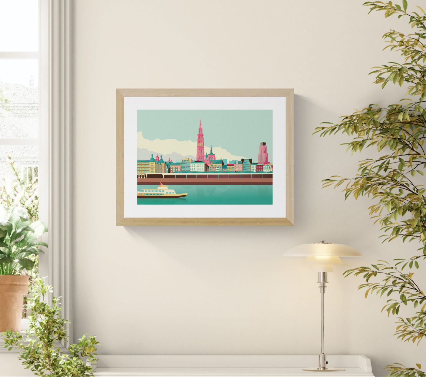 Antwerp Skyline by Gert Paenen, modern cityscape art print featuring the Antwerp waterfront, cathedral tower, pastel buildings, and river reflections in a clean graphic style.