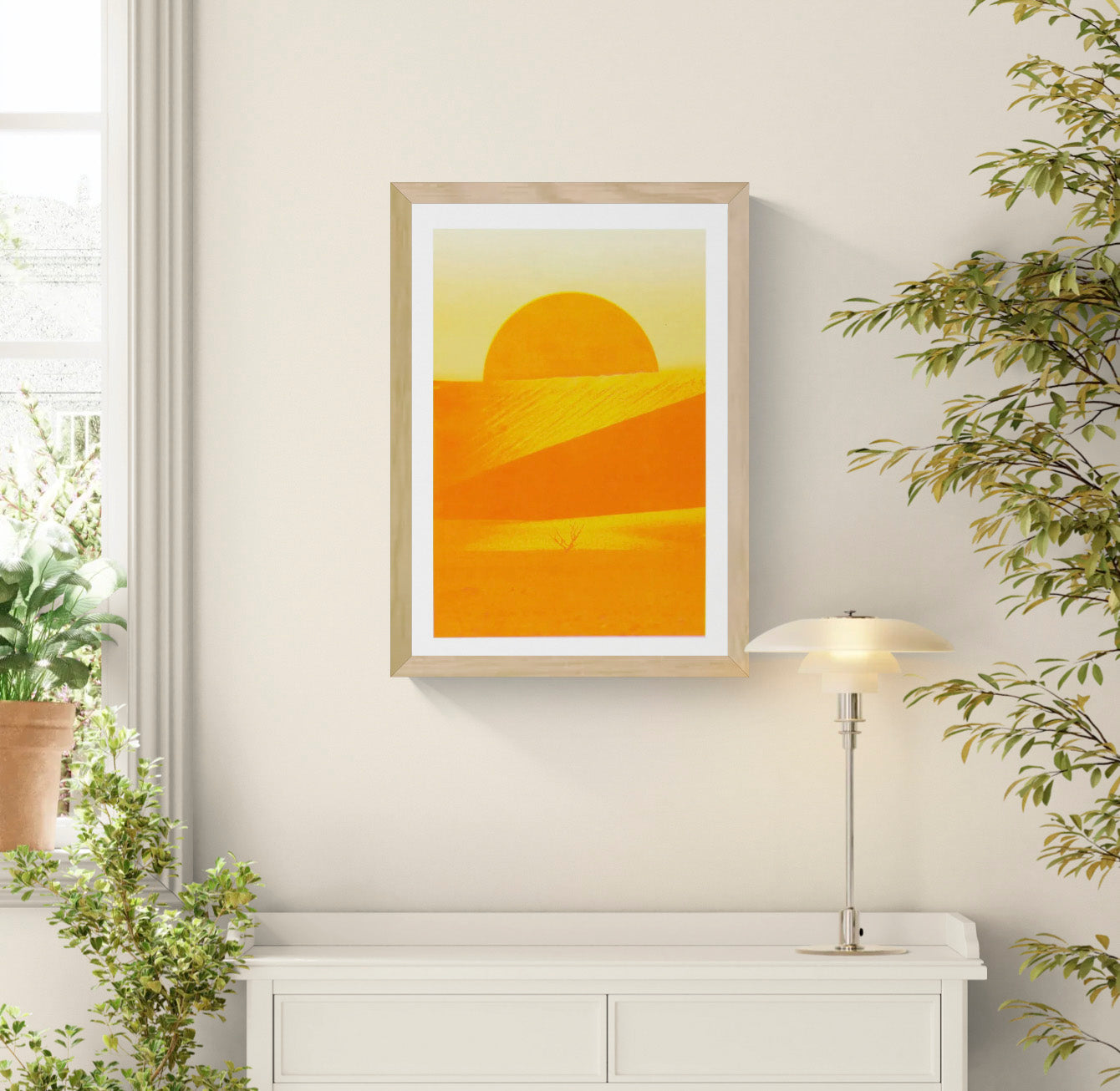 Risograph art print ‘Sossusvlei’ by PTRVRKD, featuring a bright orange desert landscape with a rising sun, minimal dunes, and a solitary dry tree, printed on Munken Pure Rough paper in A3 size. Limited-edition modern landscape artwork inspired by the Namib Desert.