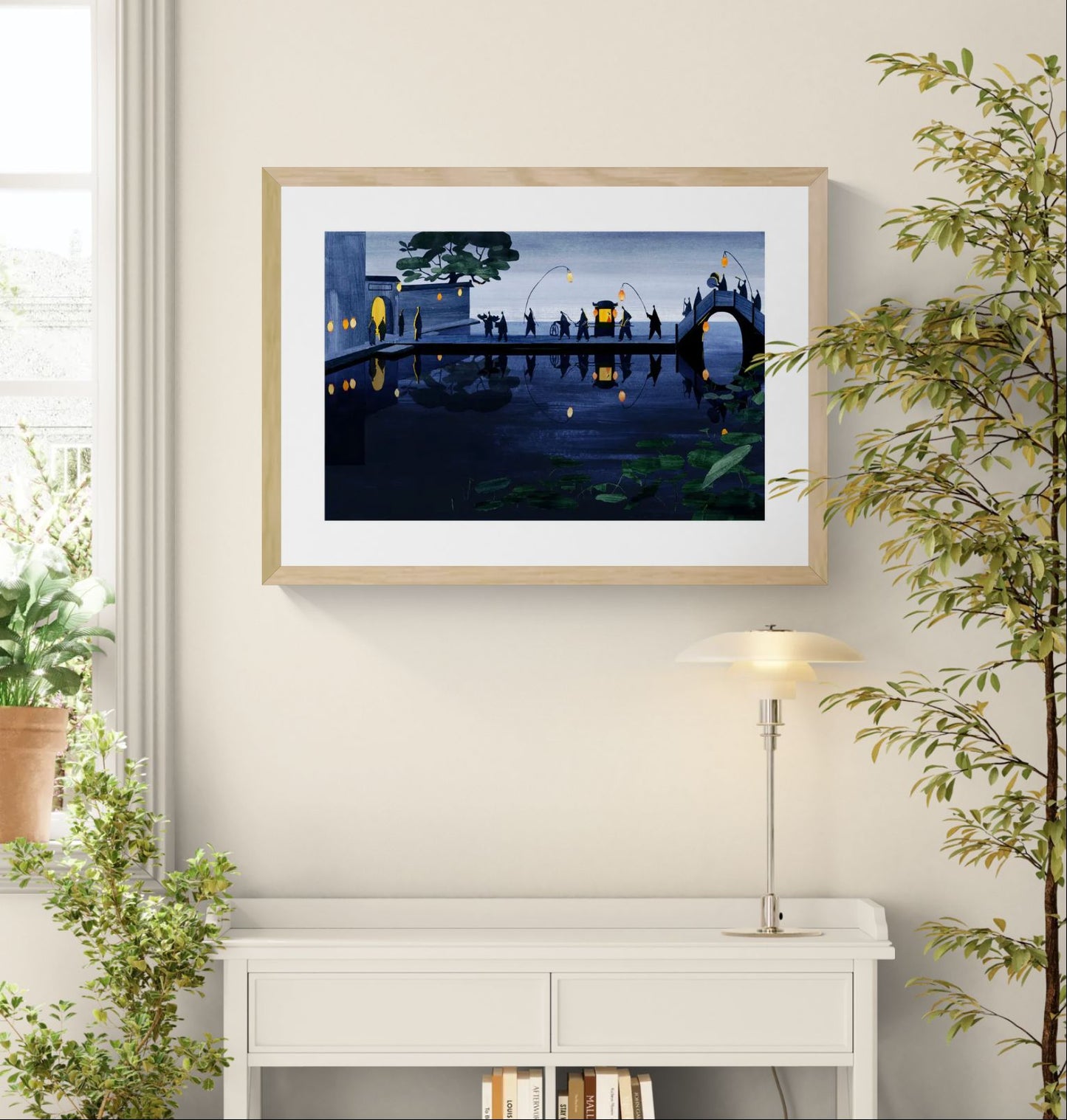 Wilde Zwanen - avond by Rosalien Helsen, an A2 landscape digital art print featuring a traditional Chinese wedding at night with glowing lanterns, calm reflections, acrylic painting and digital collage, perfect for elegant home decor.