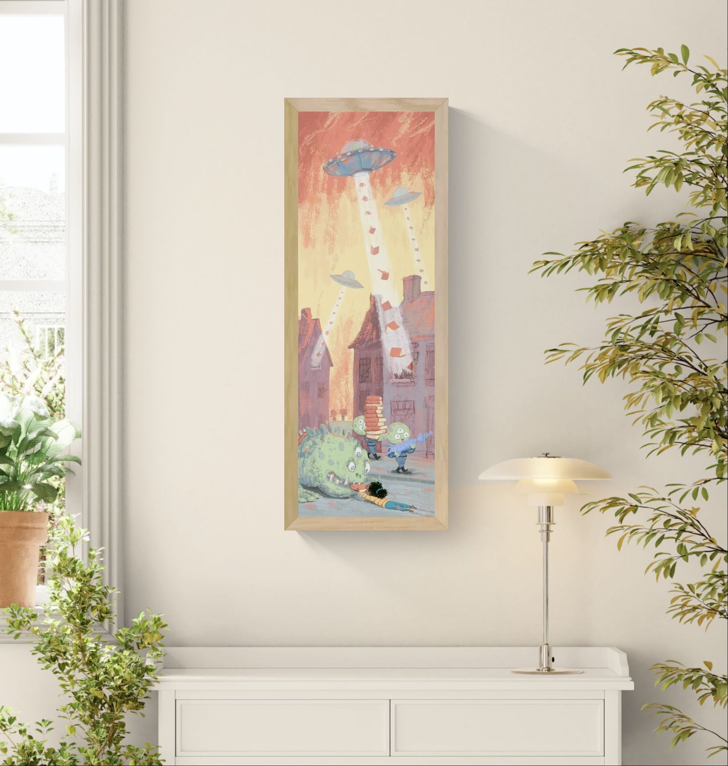 Science Fiction giclée art print by Willy Leung showing an alien invasion where UFOs abduct stacks of books from a surreal town, vertical narrative illustration on fine art paper.