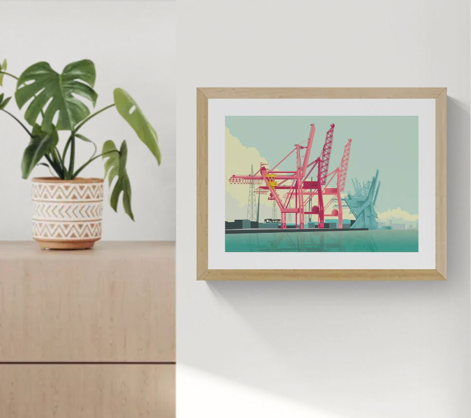 Striking graphic illustration by Studio Frits titled 'Antwerp Port,' featuring a bold composition of industrial cranes in vivid red and soft teal tones, set against a calm harbor with a pastel sky. This modern, stylized view of Belgium’s iconic port captures the scale, structure, and rhythm of maritime industry—ideal for contemporary interiors and urban art collectors