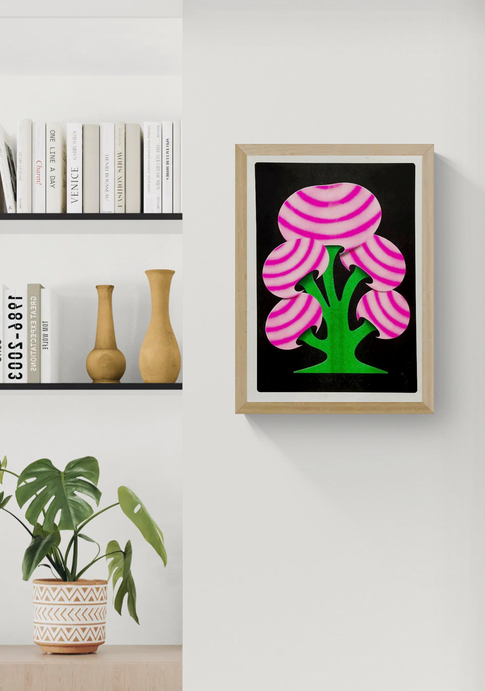 Limited A3 Mushroom risograph art print by PTRVRKD with neon pink mushroom shapes and green forms on a black background, signed and numbered edition of 6.