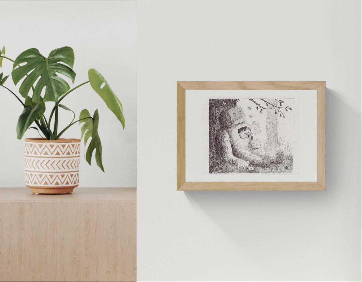 Black and white pencil illustration by Willy Leung showing a large sleeping robot leaning against a tree while a small child rests safely inside its open chest cavity in a peaceful forest setting, printed as an A4 giclée art print.