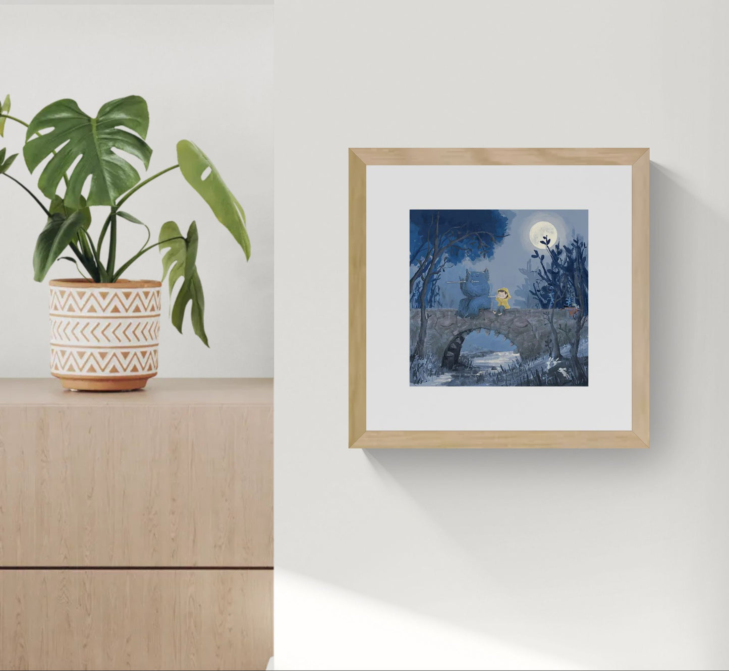 Dreamy giclée art print “Between the River and the Moon” by Willy Leung, 30x30 cm square wall art with soft colors and magical night atmosphere, contemporary illustration for modern home decor.