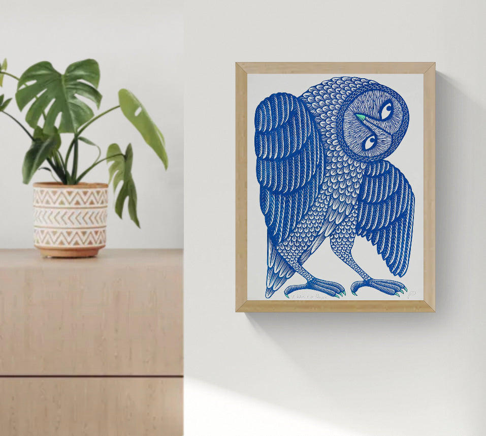 A Wing and a Prayer by Strangford, vertical A3 risograph art print of a stylised owl in dark blue and mint green with detailed graphic feathers, ideal for playful modern wall decor.