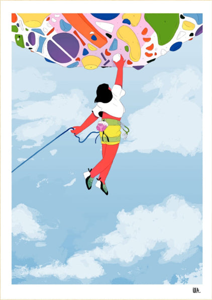 Colorful climbing art print "Devers" by Lola Pénicaud featuring a female climber scaling a vibrant bouldering wall against a bright blue sky – modern illustration perfect for sports and adventure decor. Available at Galerie Frits