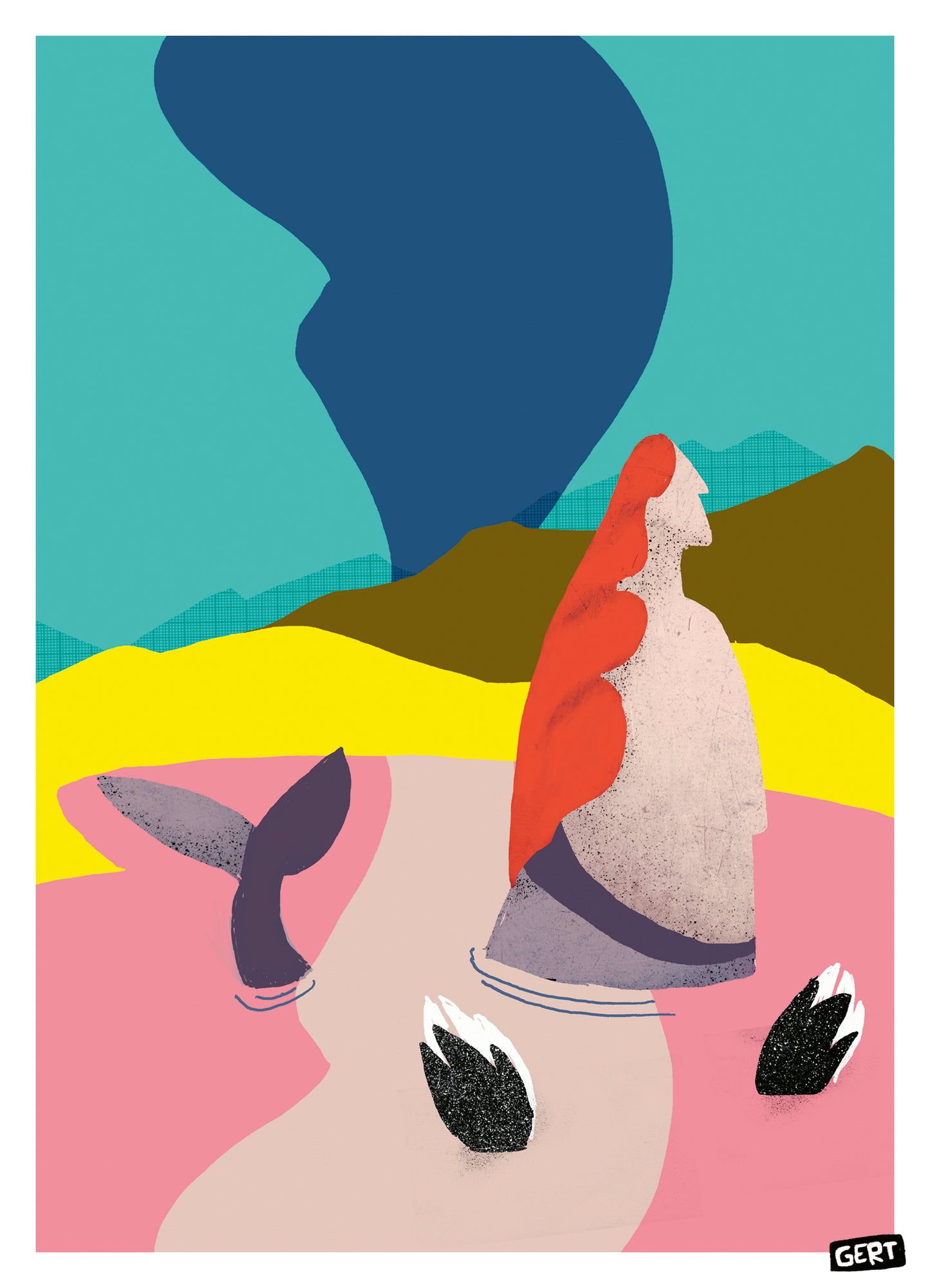 Mermaids 2 by Gert Paenen, colourful contemporary digital art print featuring a stylised mermaid with flowing red hair in a surreal coastal landscape with bright pink water, yellow dunes, blue sky, and modern abstract graphic shapes, printed on premium 300 g/m² paper.