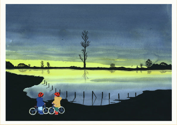 Illustration titled "Les Deux Vélos" by French artist Margaux Othats – limited edition A3 risograph art print featuring two children with bicycles overlooking a peaceful lake at sunset, surrounded by a quiet landscape and dramatic twilight sky, printed on Munken white paper in France.