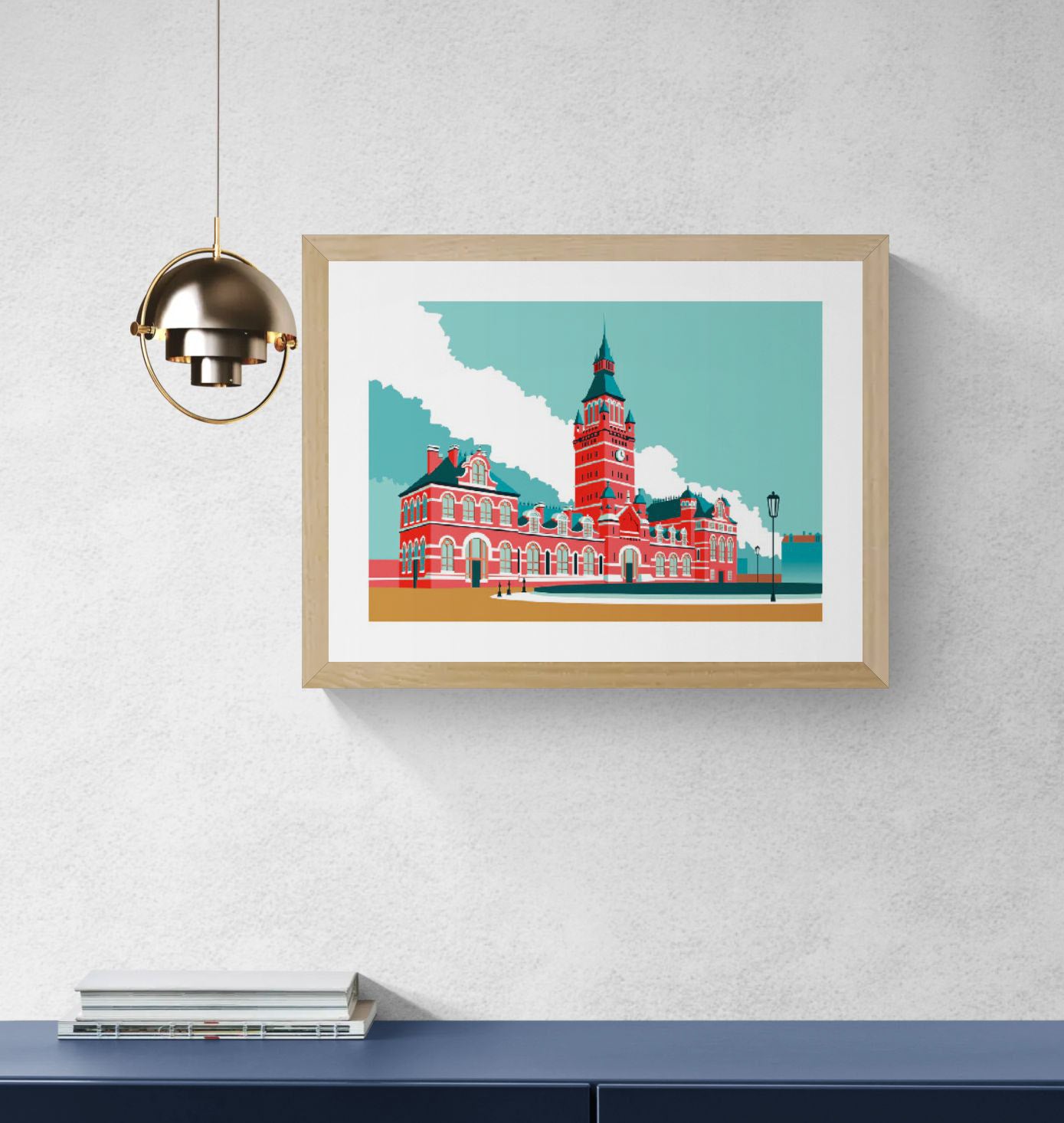 Graphic architectural illustration of historic Antwerpen Zuidstation railway station in Antwerp by Studio Frits, bold red building with tower in minimalist retro style.
