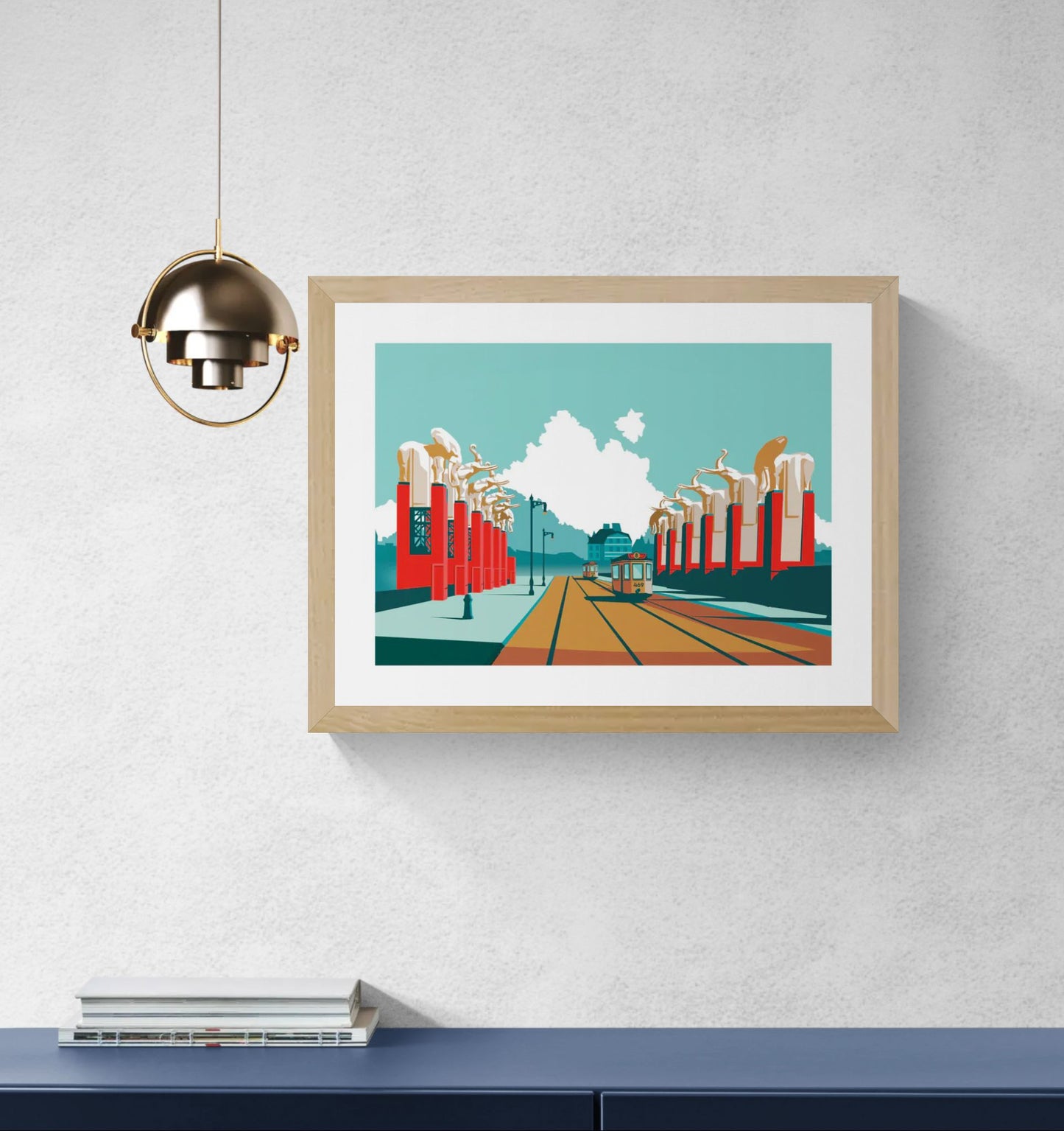 Graphic illustration of the historic Olifantenbrug bridge in Antwerp with elephant sculptures and tram tracks, architectural artwork by Studio Frits.