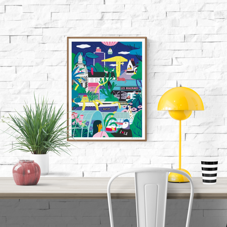 Colorful cityscape art print titled “Nantes en Plantes” by Dans les Dents, featuring a lush fantasy version of Nantes with jungle animals, plants, hot-air balloons, and whimsical city details in bold colors.