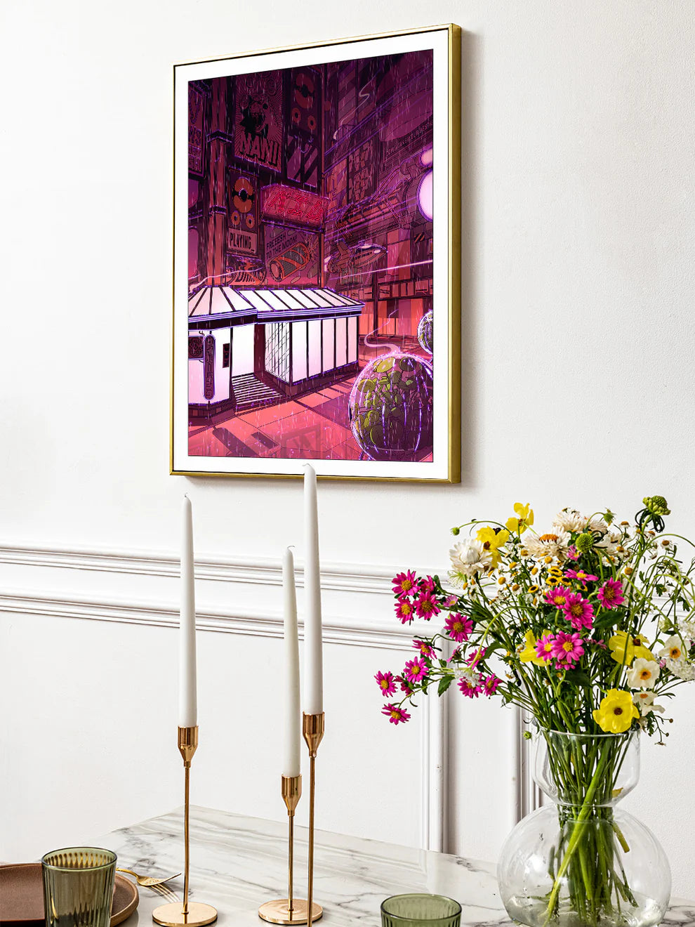 Colorful cyberpunk cityscape illustration featuring a glowing white coffee shop surrounded by futuristic neon signs, manga-style billboards, flying vehicles, and pink rain-soaked streets – Neon coffee by Paiheme Studio, 30 x 40 cm Japanese-inspired art print made in France.