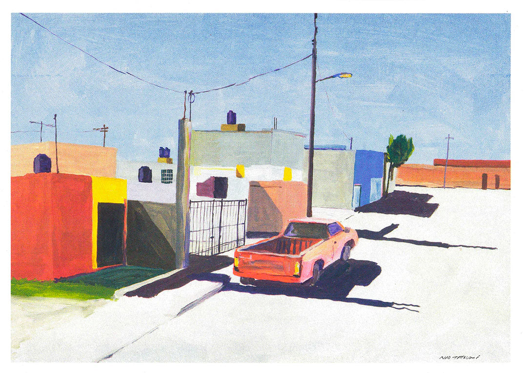 Risograph art print of San Luis Potosi, Mexico City by Japanese artist Nao Tatsumi. A colorful urban street scene featuring pastel buildings and a red pickup truck under bright sunlight, capturing the beauty of everyday Mexican architecture in a minimalist, painterly style.
