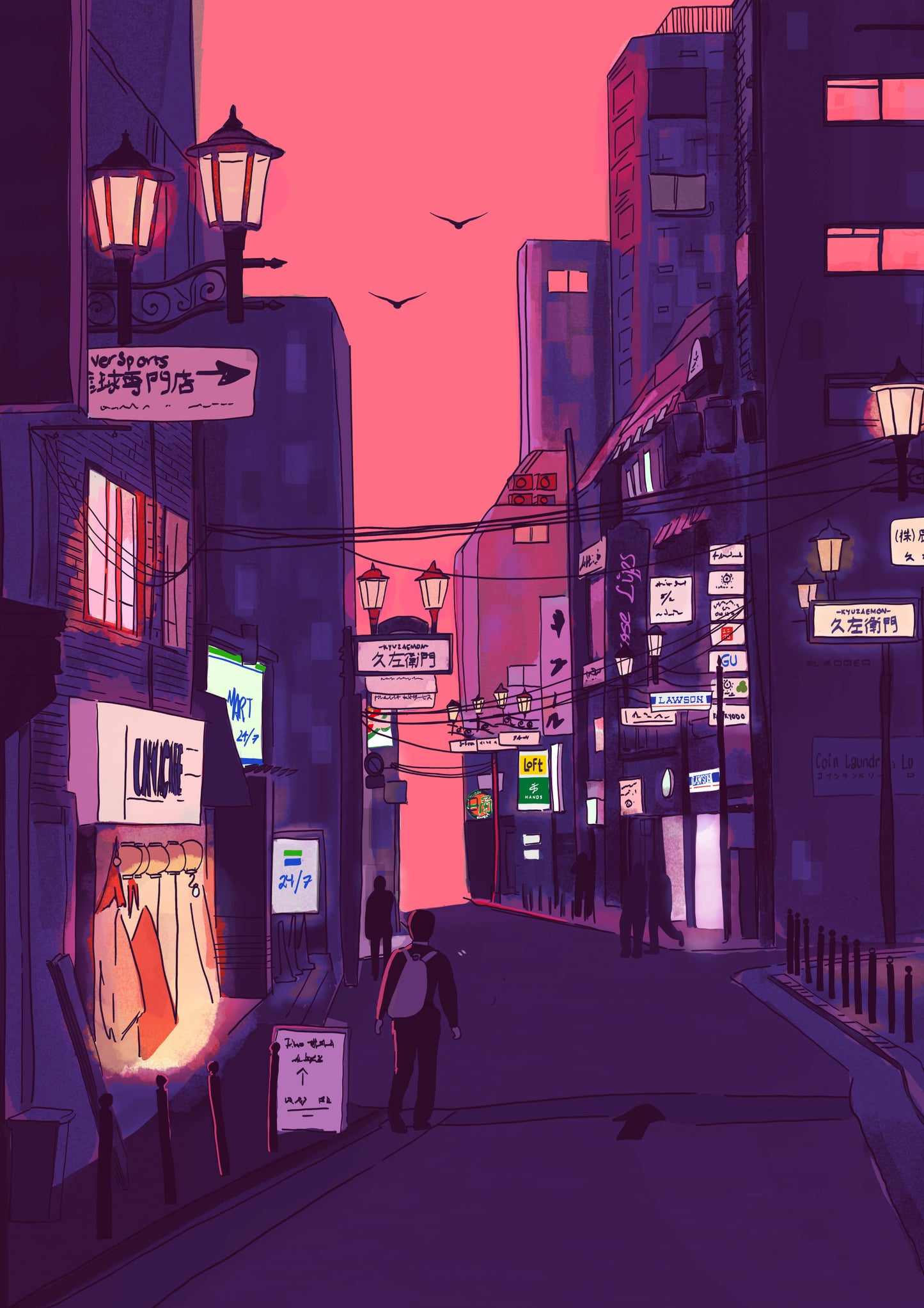 Fine art giclée print titled “Nights in Japan” by Valeria Maggiani featuring a cinematic Japanese city street at dusk with neon signs, warm shop lights, urban silhouettes, and a pink-purple evening sky, printed on 100% cotton textured paper A4 size, ideal for modern home decor and contemporary wall art in Belgium and Europe.