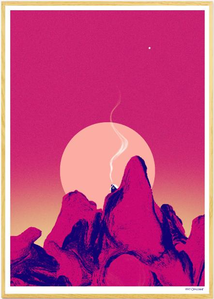 Colorful risograph art print La nuit porte conseil by Ugly Croissant, featuring surreal pink and purple mountain silhouettes under a glowing sun and night sky. Limited edition A3 print, numbered and signed by Belgian artist Kathleen Wijns — perfect for modern, dreamy interiors.