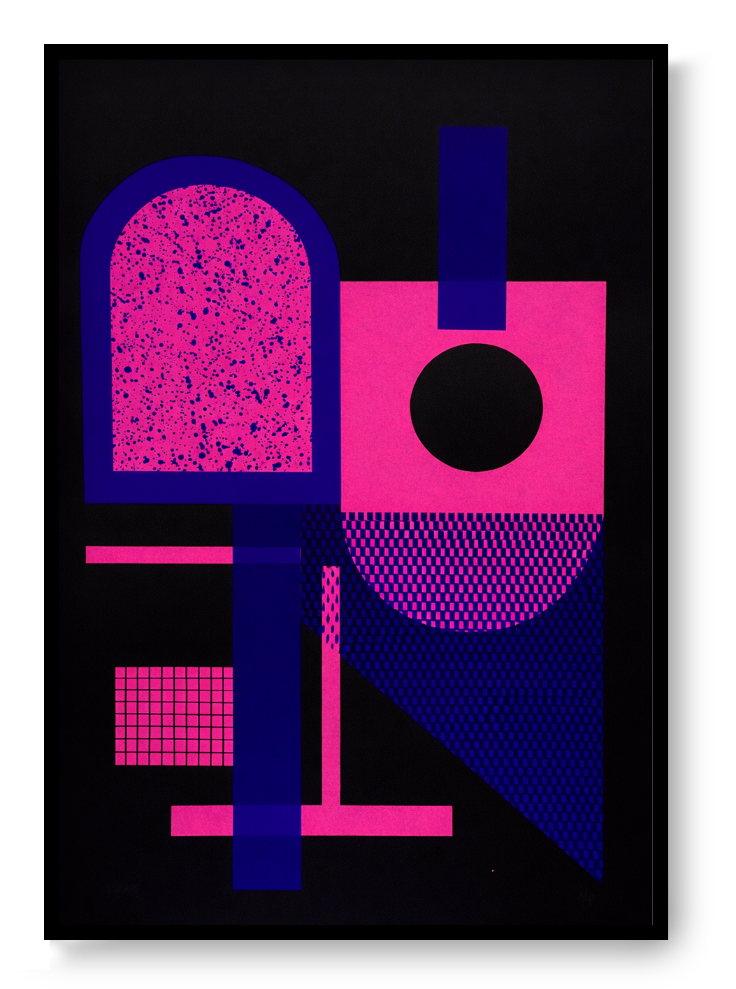 Abstract geometric screen print by Belgian artist PLUMO featuring bold shapes and fluorescent colors, hand-pulled limited edition modern wall art for minimalist and Scandinavian interiors.