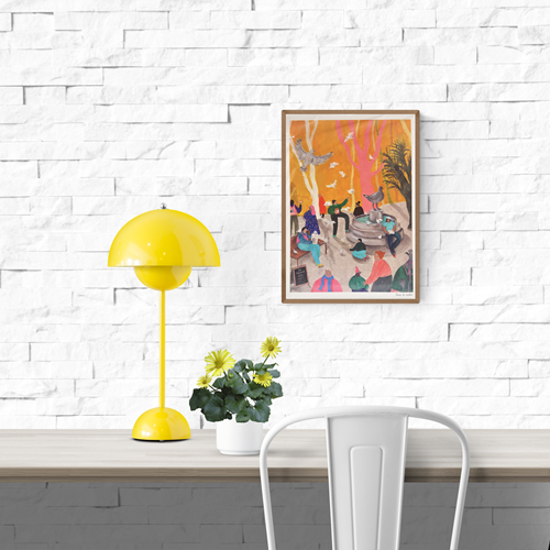 Colorful illustration of people gathered around a city square fountain with pigeons flying and perched nearby – Ode aan de duif by Louise de Meester, A4 urban-themed art print from Belgium