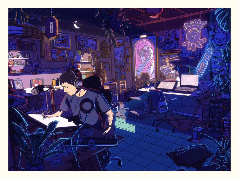 Neons Studio art print by Paiheme Studio, 30x40 cm digital illustration on 250g Inapa Tradition Blanc Naturel paper, depicting a neon-lit Japanese pop culture artist workspace in vivid purple, blue, and pink tones.