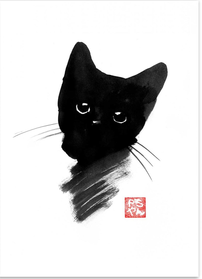 Black Kitty by Pechane Sumie – 30x40 cm Japanese sumi-e style art print of a black kitten with large expressive eyes, painted in bold black ink on white background. Minimalist cat wall art for elegant and zen interiors.