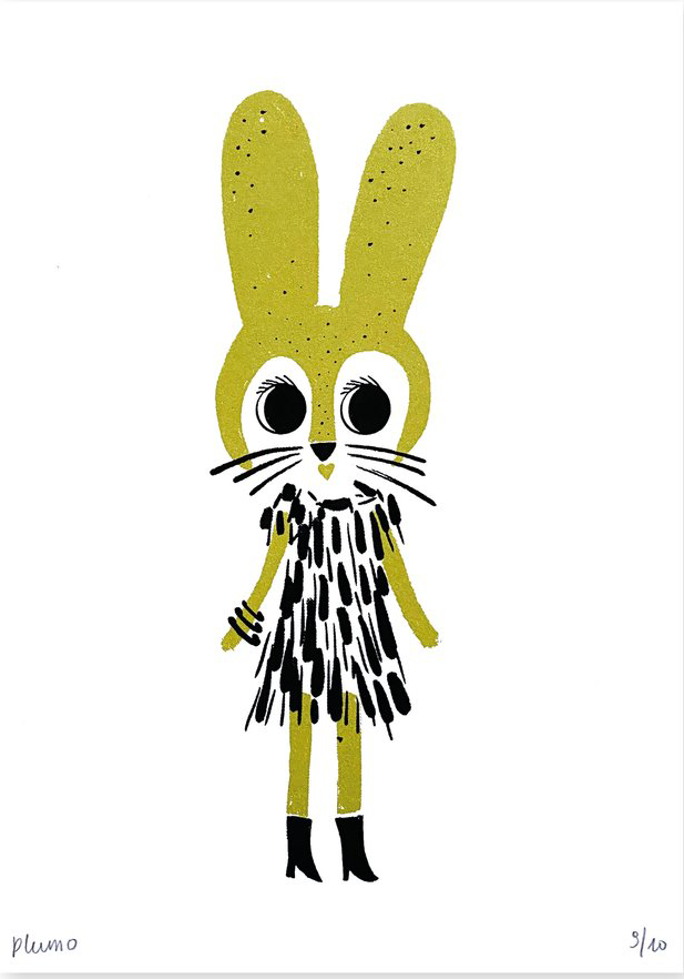 Buy illustration with gold rabbit by PlumoGold Rabbit art print by Plumo – hand-printed A5 screenprint of a whimsical yellow bunny in a textured outfit, minimalist design, perfect for kids’ rooms and playful home decor