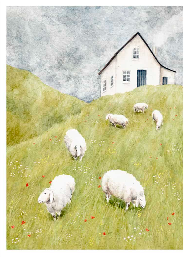 A soft watercolor-style illustration showing a white farmhouse on a green hill under a cloudy sky, with several fluffy sheep grazing among wildflowers. A serene and poetic countryside art print by Stien van Kerckhoven, perfect for cozy interiors and Scandinavian-inspired decor.
