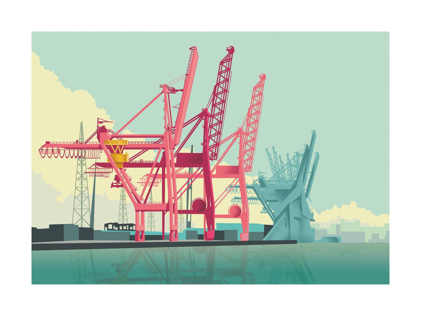 Striking graphic illustration by Studio Frits titled 'Antwerp Port,' featuring a bold composition of industrial cranes in vivid red and soft teal tones, set against a calm harbor with a pastel sky. This modern, stylized view of Belgium’s iconic port captures the scale, structure, and rhythm of maritime industry—ideal for contemporary interiors and urban art collectors