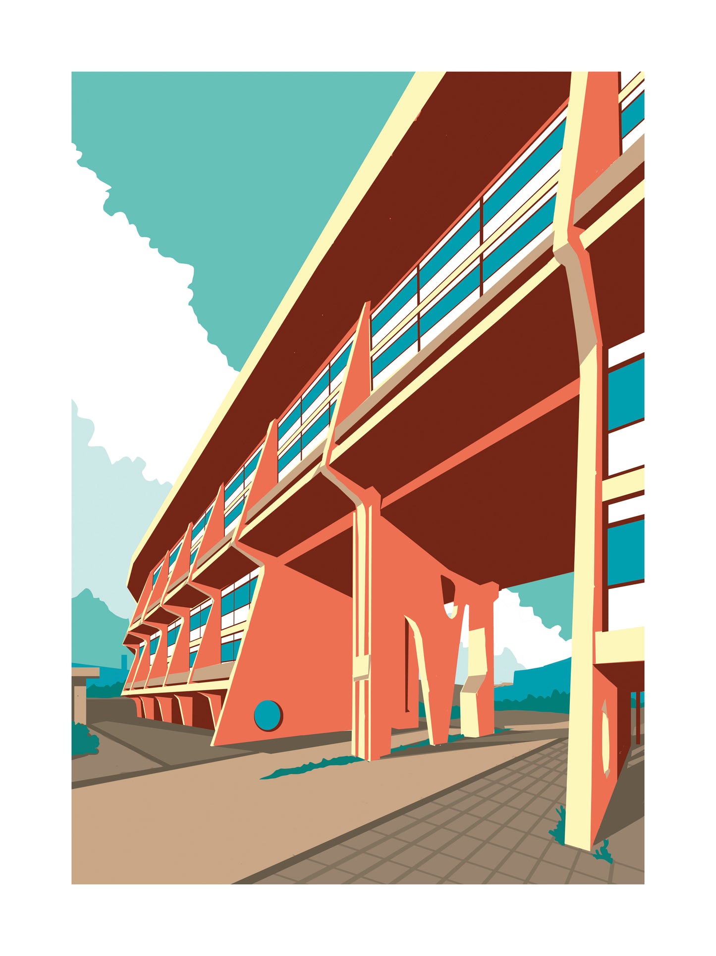 Graphic architectural illustration of Arenawijk Deurne social housing complex in Antwerp designed by modernist architect Renaat Braem in the 1960s, bold geometric building artwork by Studio Frits