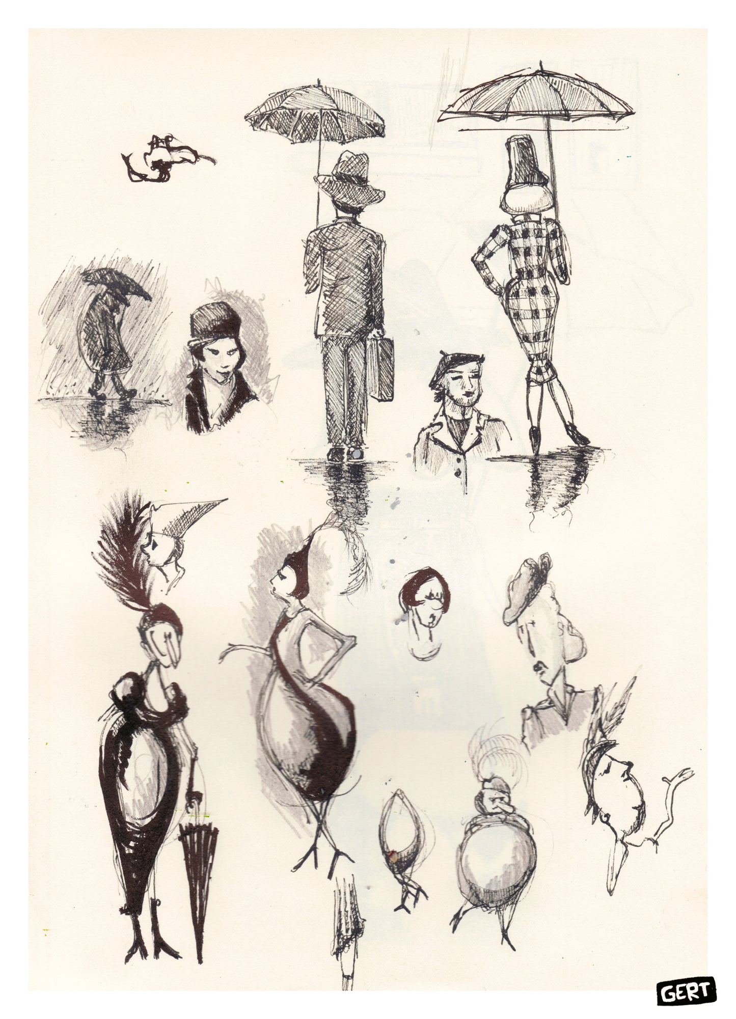 Sketchbook digital art print by Belgian illustrator Gert Paenen featuring expressive black ink character sketches, umbrella figures, fashion-inspired silhouettes, and whimsical hand-drawn studies on a minimalist background.