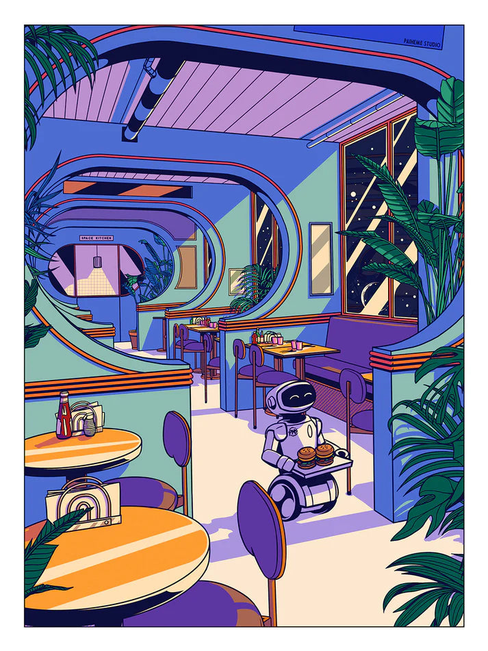 Colorful futuristic café scene illustrated by Paiheme Studio, featuring a cute robot waiter serving coffee in a retro sci-fi diner with tropical plants, neon purple and green walls, rounded architectural windows, and starlit sky views – Japanese pop art style, printed on 30x40 cm matte paper.