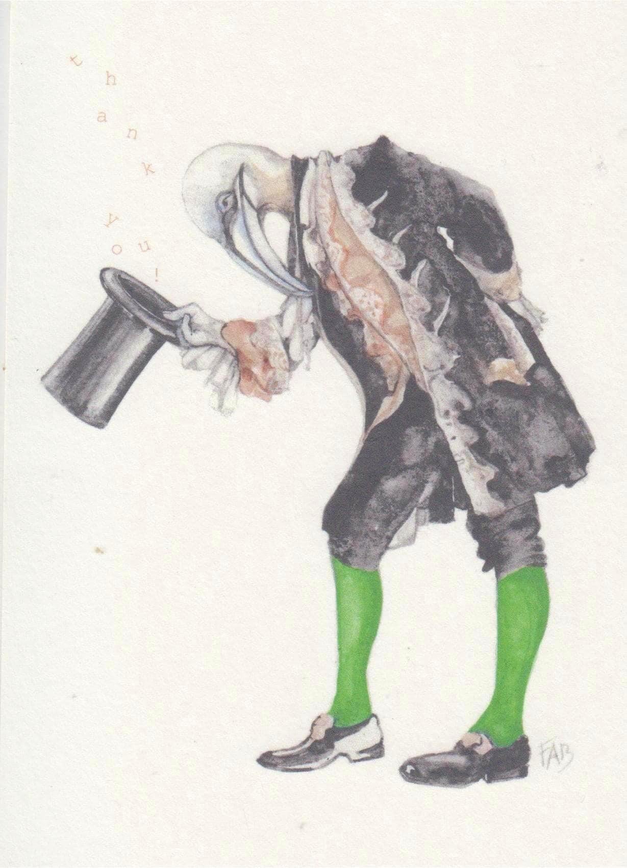 Thank You art card by Belgian artist FAB, A6 size (10.5 x 14.8 cm) printed on 300g Munken Pure Rough paper, featuring a whimsical anthropomorphic bird in vintage clothing bowing with a top hat, painted in soft watercolor tones.