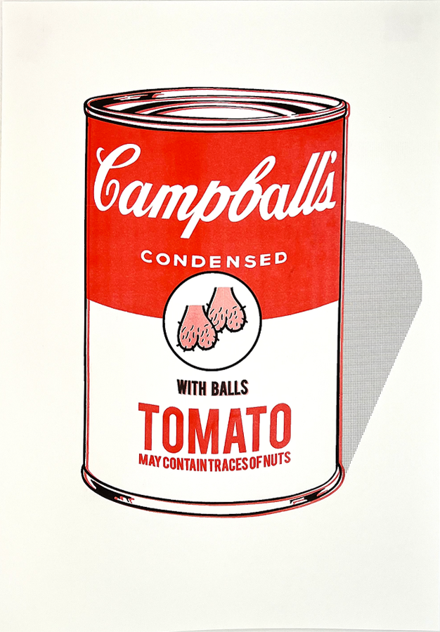 Campballs by Studio Stoutpoep – risograph A2 art print parodying the Campbell’s soup can, featuring the text "Tomato with balls" and humorous testicle icon. Bold pop-art illustration with edgy humor. Printed in Belgium on 300g paper.