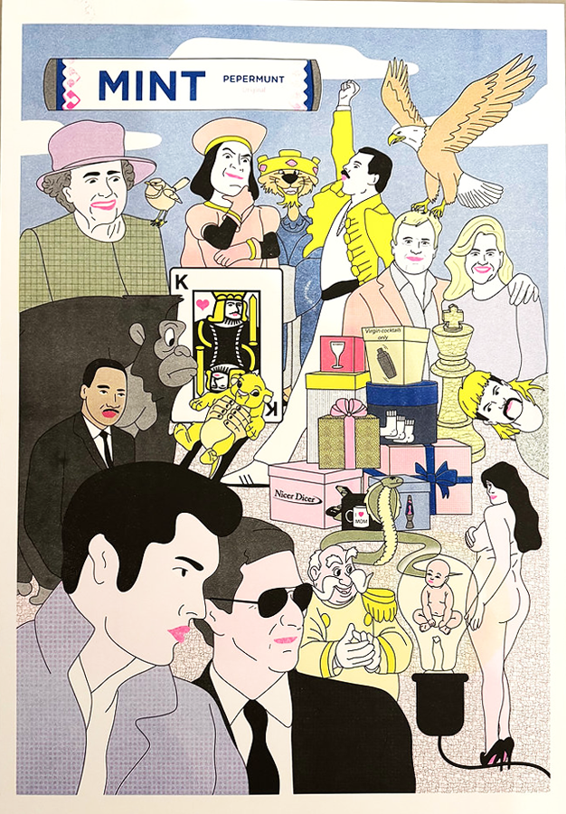 Colorful risograph art print featuring a surreal collage of pop culture icons and absurd characters, titled “Kings” by Studio Stoutpoep – A2 print made in Belgium.