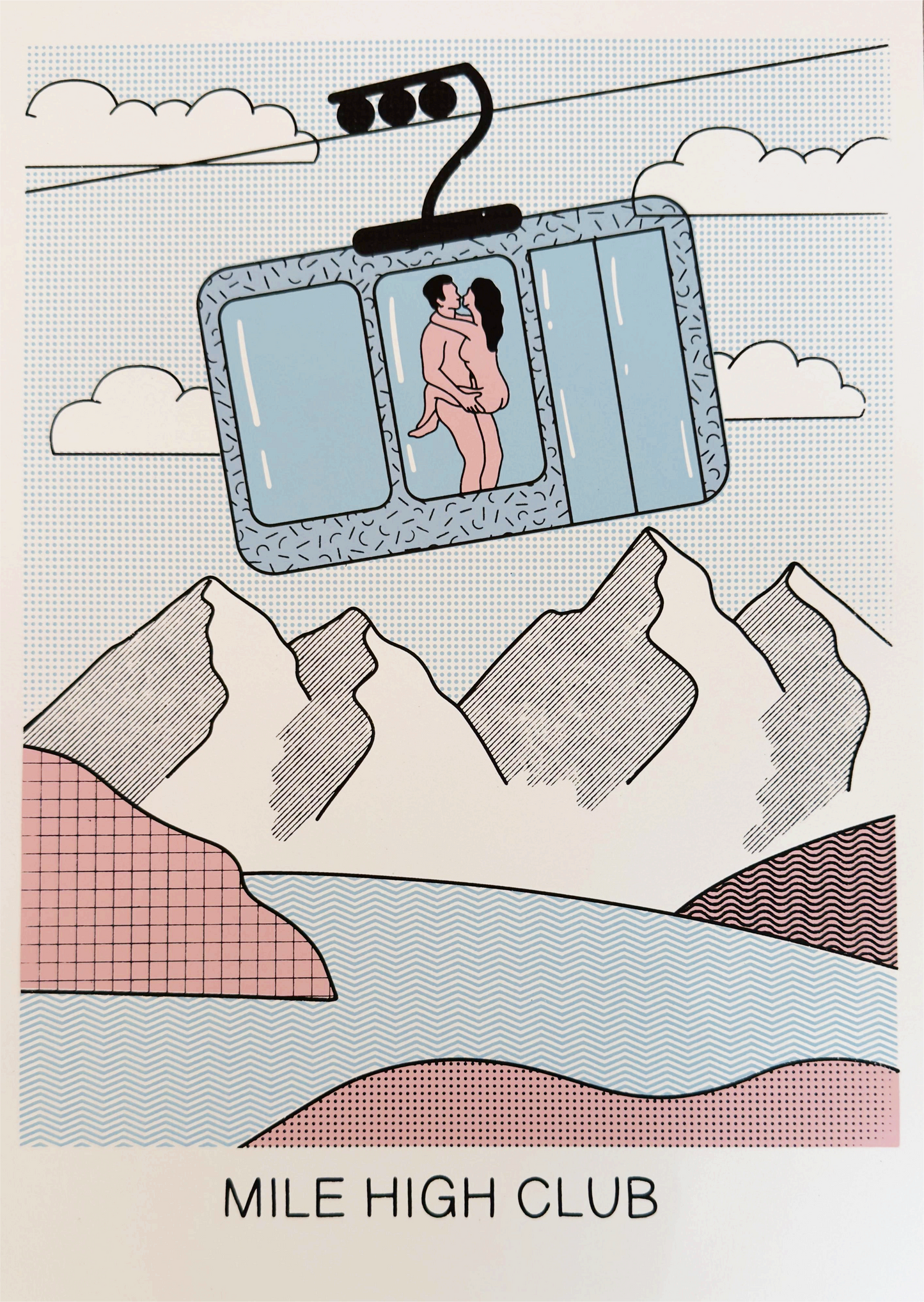 Screenprint artwork titled “Mile High Club” by Studio Stoutpoep showing a naked couple embracing inside a ski gondola with mountain views in the background. A3 size, made in Belgium, humorous and erotic pop art style.