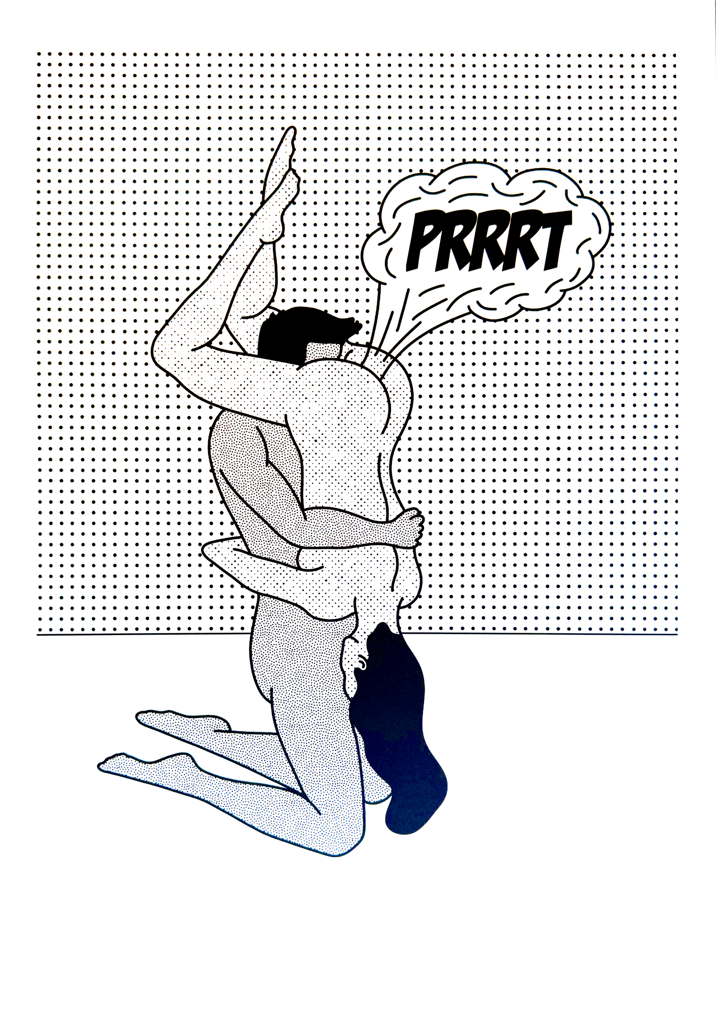 Funny risograph print by Studio Stoutpoep showing a stylized erotic couple in a humorous moment with the word “Prrrt” – A3 art print made in Belgium, perfect for fans of bold, comic-inspired illustrations.