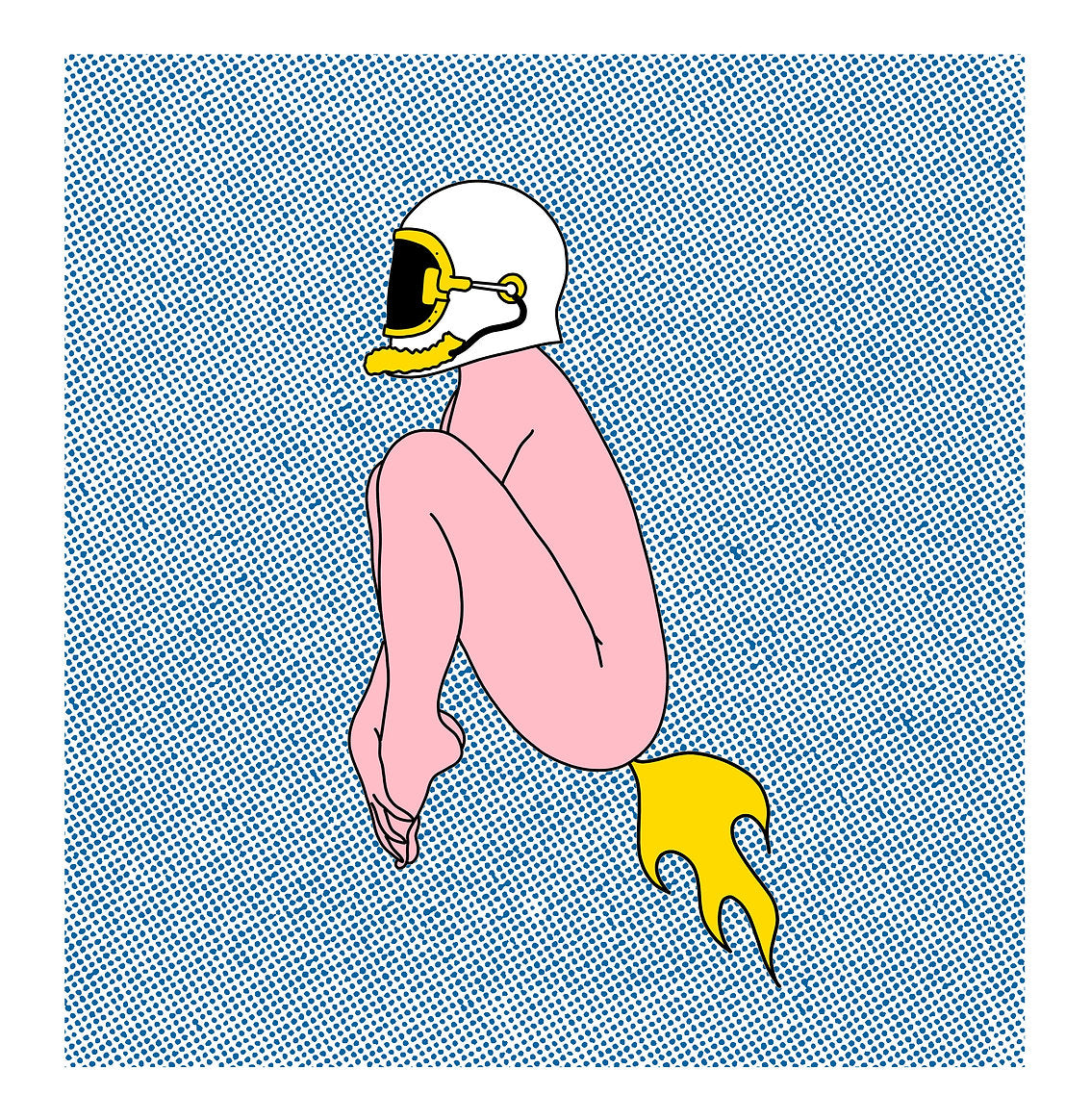 Colorful risograph art print by Studio Stoutpoep titled “Rocket” featuring a nude figure in a helmet jetting off with a fire-like fart on a dotted background – 50 x 50 cm contemporary pop-art illustration.